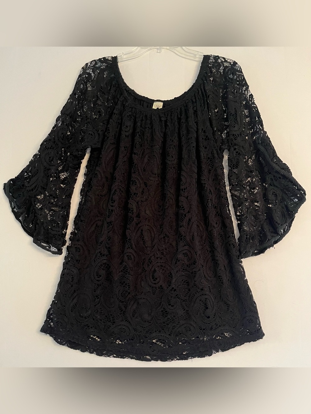 Lildy Black Lace Bell Sleeve Tunic Top L/XL Whimsigoth Boho Off Shoulder